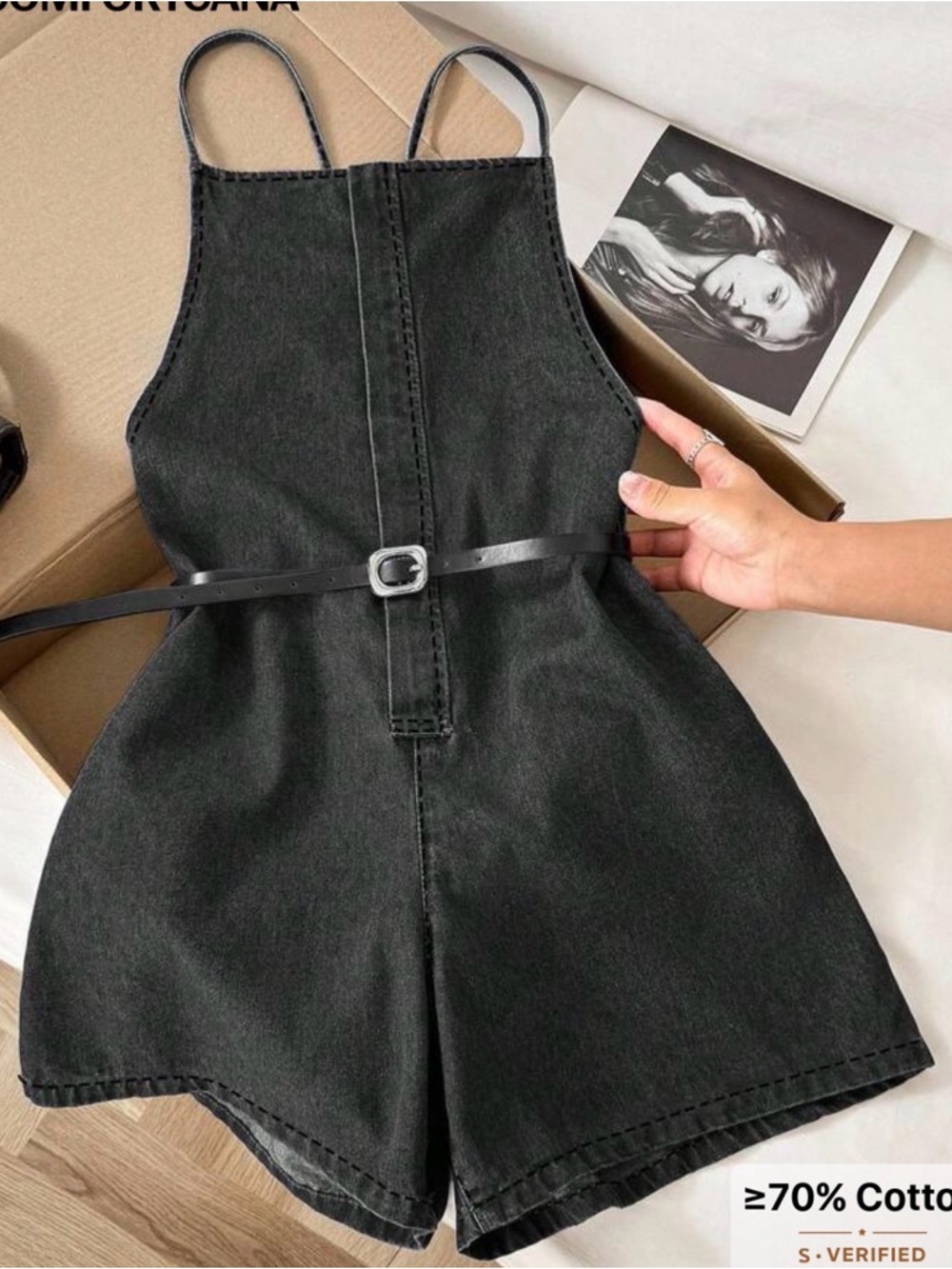 SHEIN Black Denim Spaghetti-Strap Romper